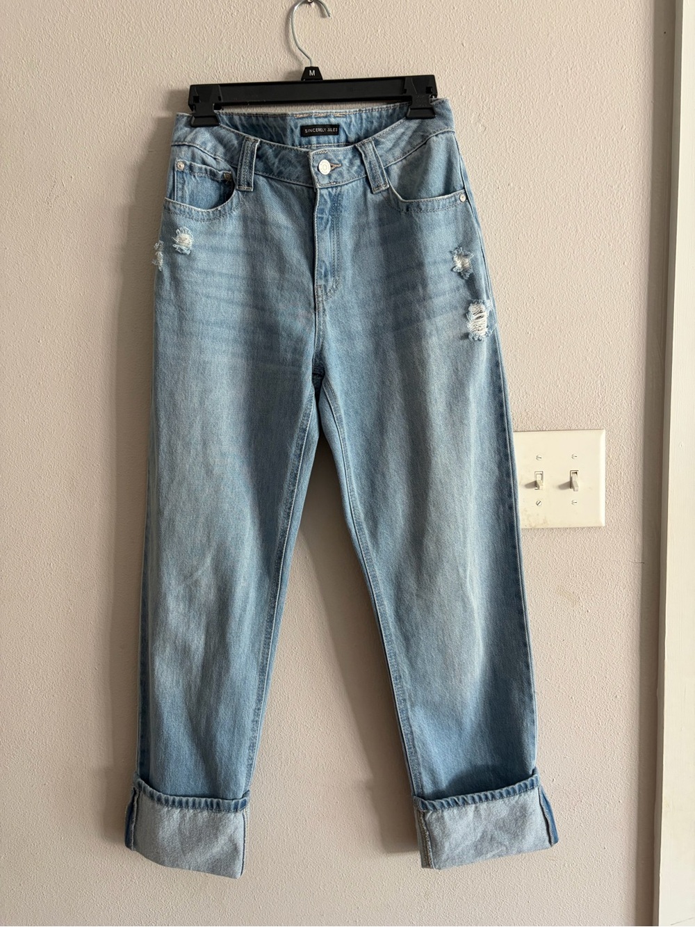 Sincerely Jules Light Blue Distressed Boyfriend Jeans with Rolled Cuffs
